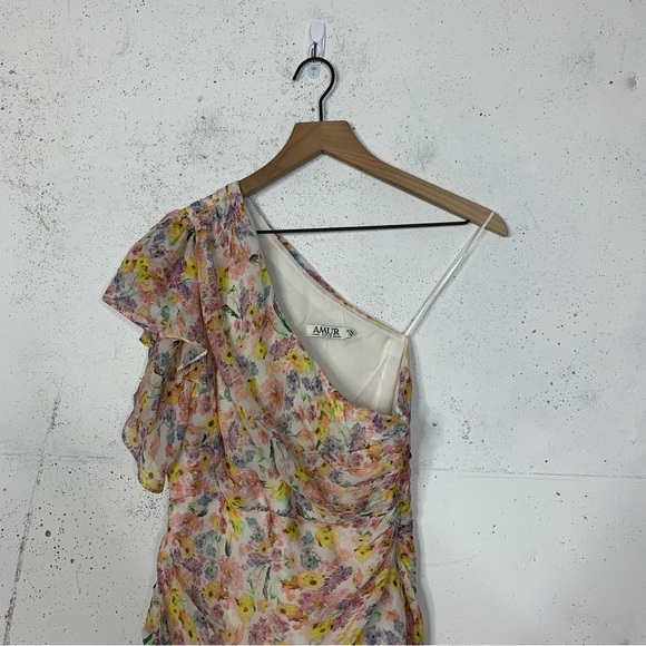 Amur Clayton Silk One Shoulder Ruffle Water Color Dress Size 6 - Picture 2 of 14